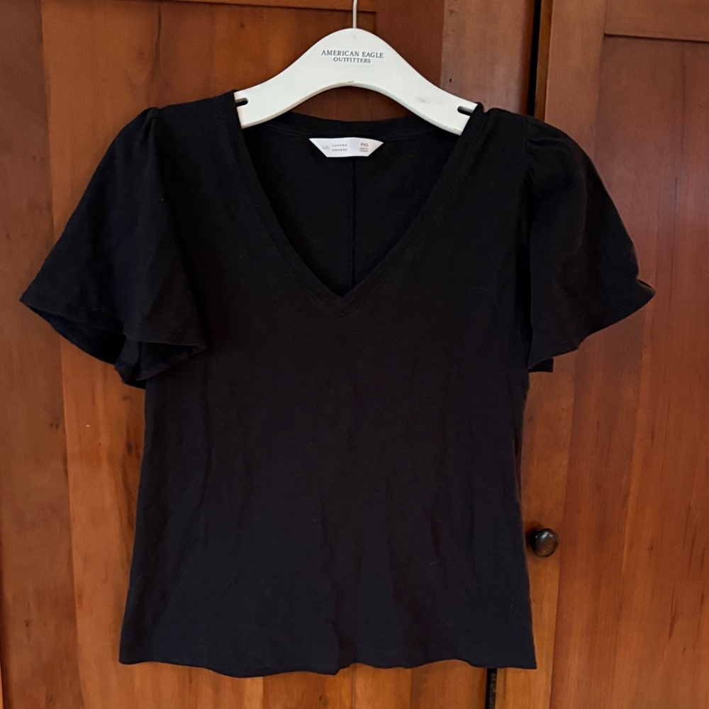 Lauren Conrad Black V-Neck Short Balloon Sleeve Top